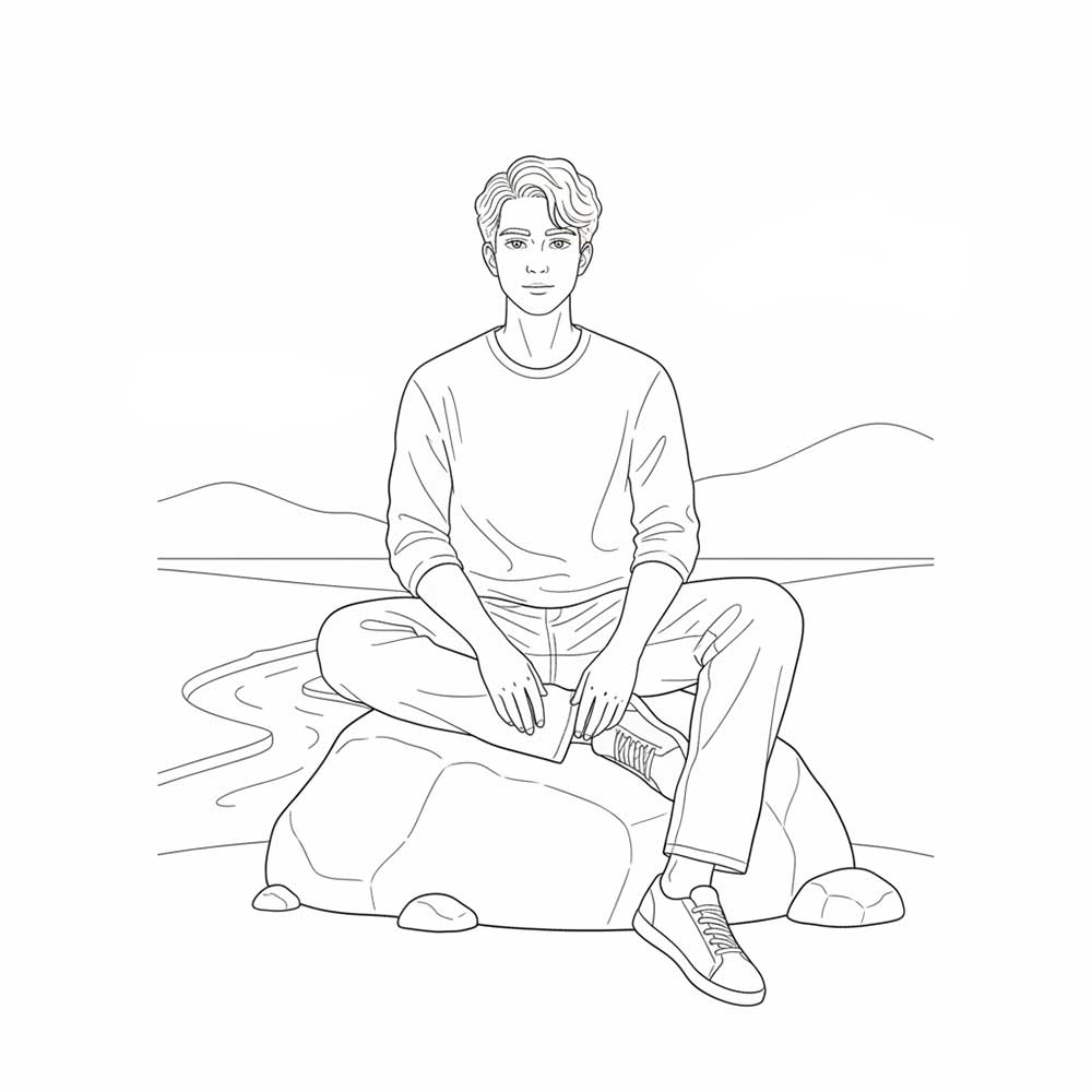 川辺に座る男性の塗り絵