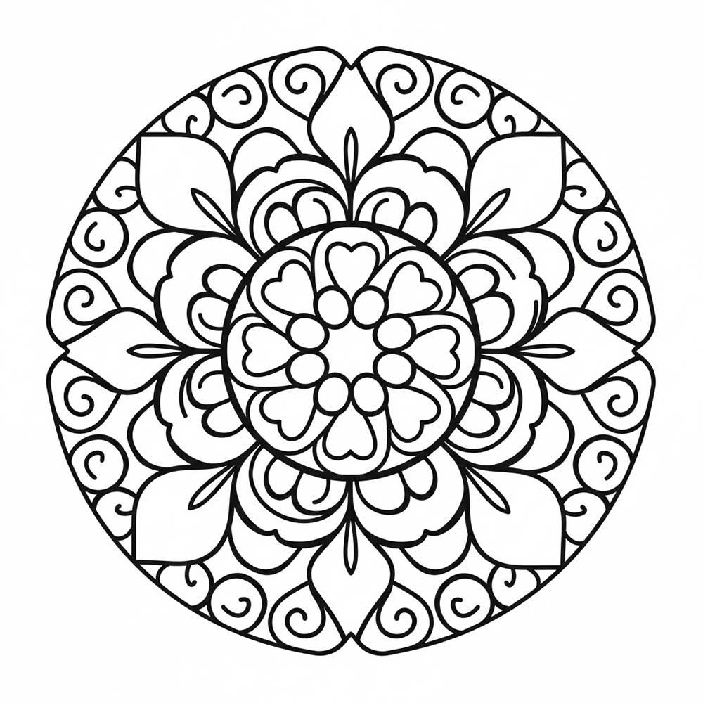 太い線の曼陀羅塗り絵（大人向け・無料印刷用）