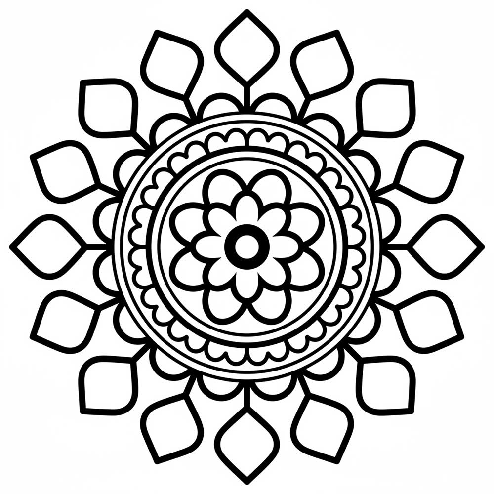 花模様の曼陀羅塗り絵（大人向け・無料印刷用）