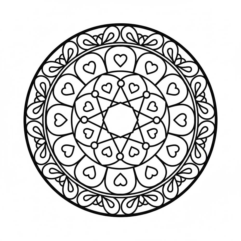 ハートマークの詰まった曼陀羅塗り絵（大人向け・無料印刷用）