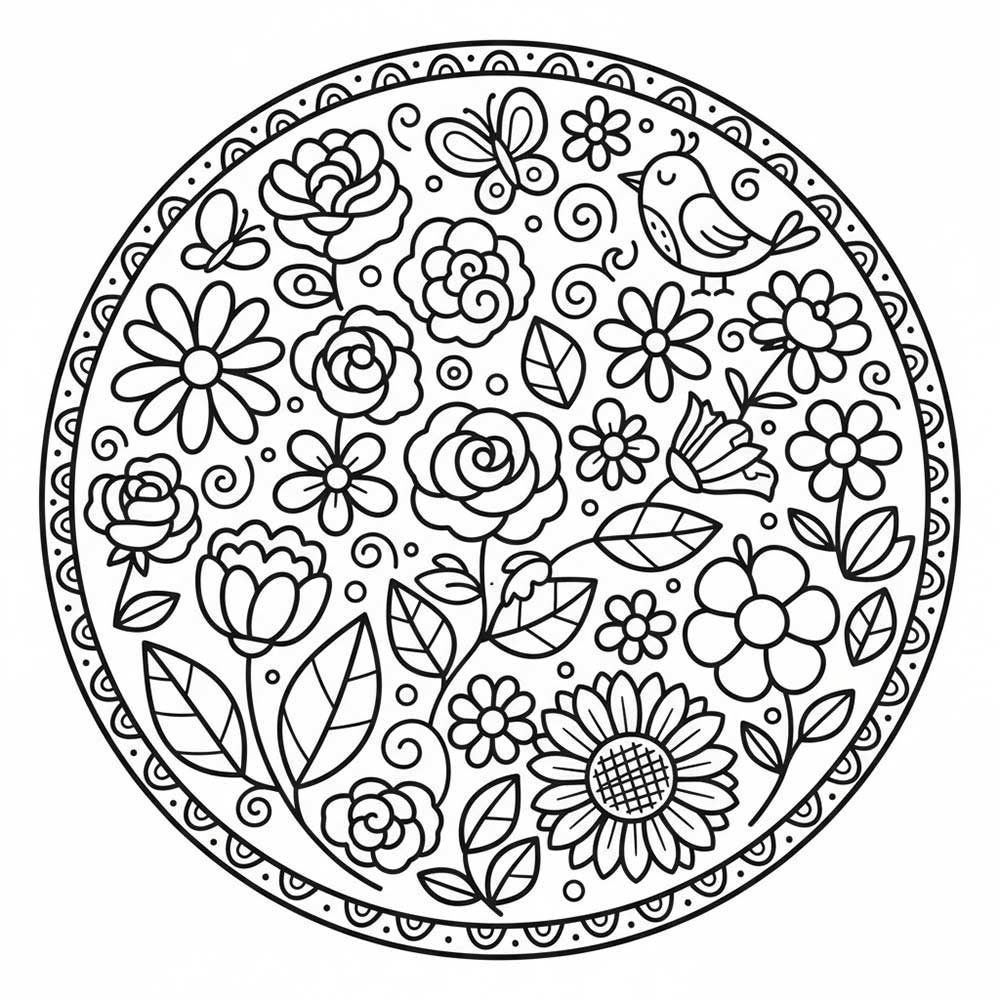 小さな絵が詰まった曼陀羅塗り絵（大人向け・無料印刷用）