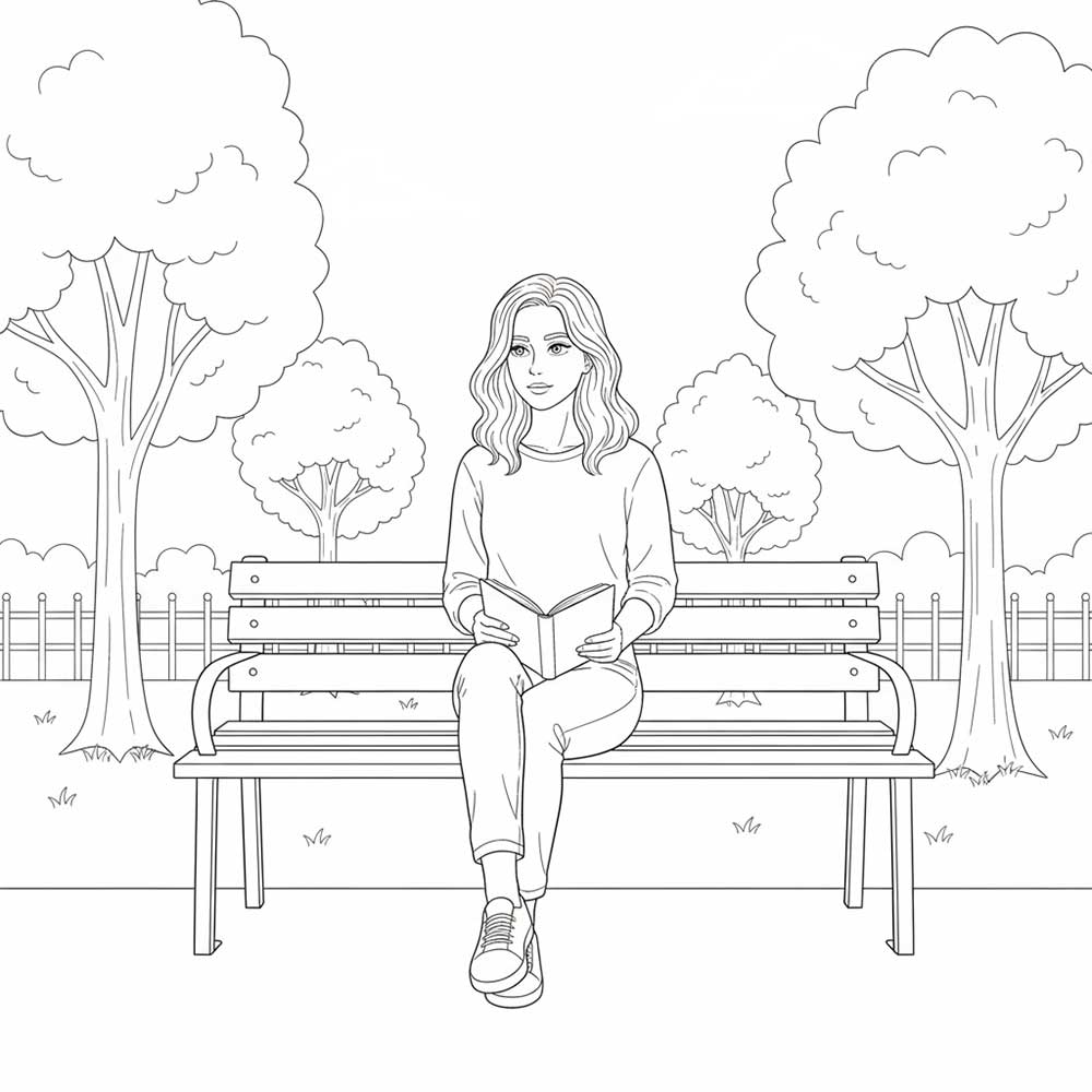 ベンチに座っている女性の塗り絵