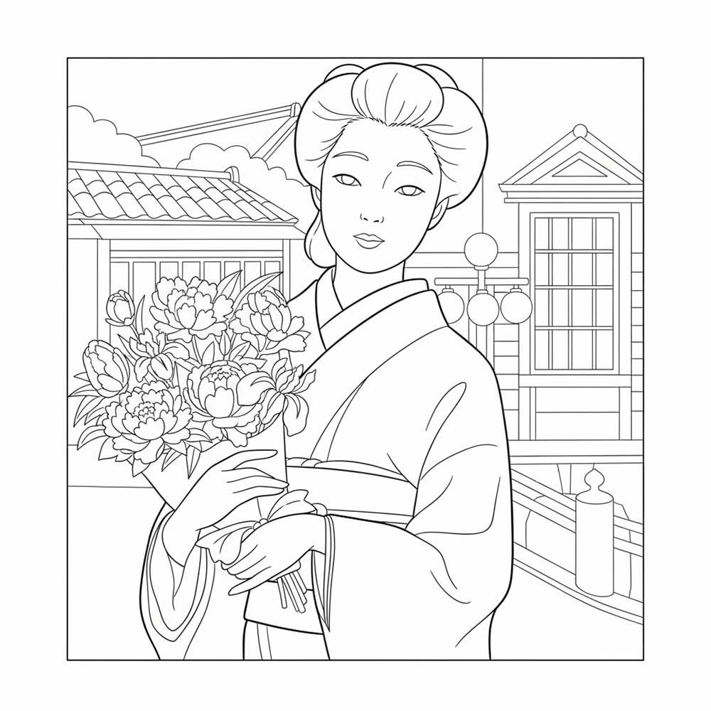 着物姿の女性の塗り絵