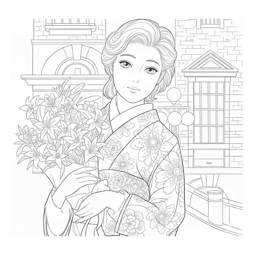 着物姿の女性の塗り絵