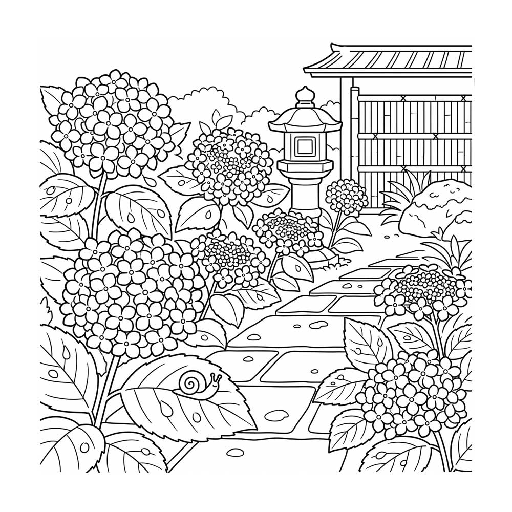 r紫陽花のある風景の塗り絵