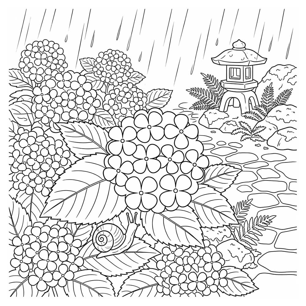 紫陽花のある風景の塗り絵