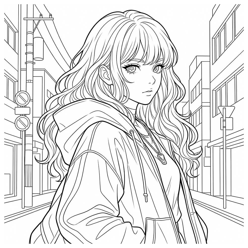 街角の女性の塗り絵