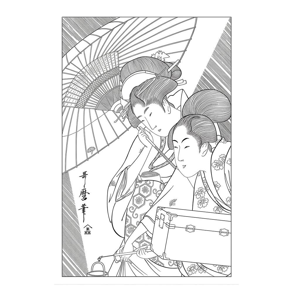 喜多川歌麿「雨の夜の芸者と侍女」塗り絵