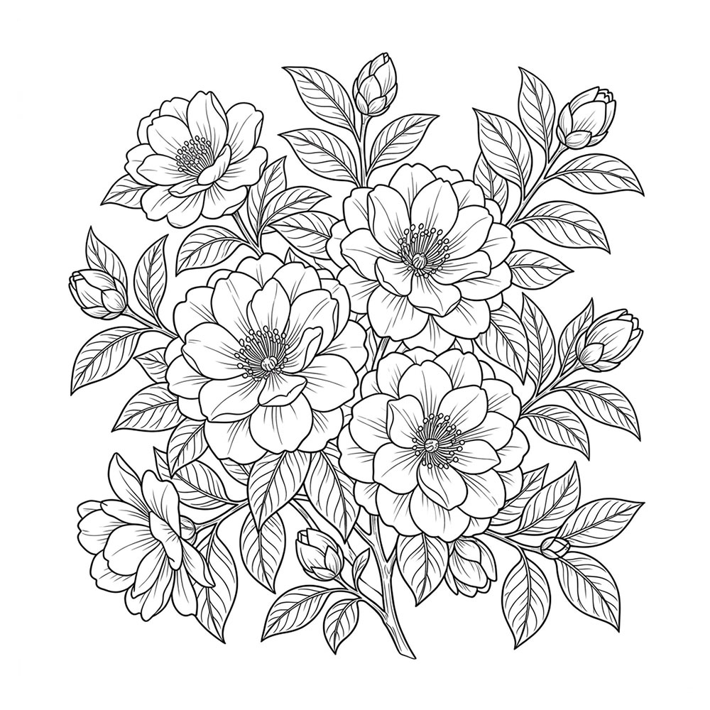 サザンカの花の塗り絵